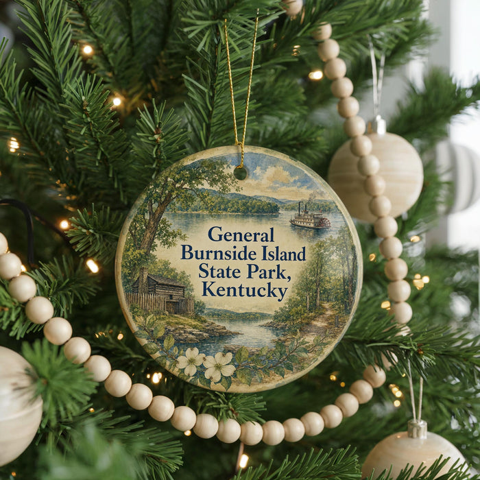 A round ornament hanging on a Christmas tree, featuring a scenic image of General Burnside Island State Park, Kentucky.