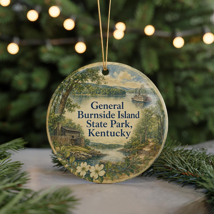 A decorative ornament featuring a scenic landscape of General Burnside Island, State Park, Kentucky, with a small boat on the water and a cabin in the background.