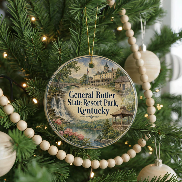 A round ornament hanging on a Christmas tree, featuring a scenic image of General Butler State Resort Park, Kentucky.