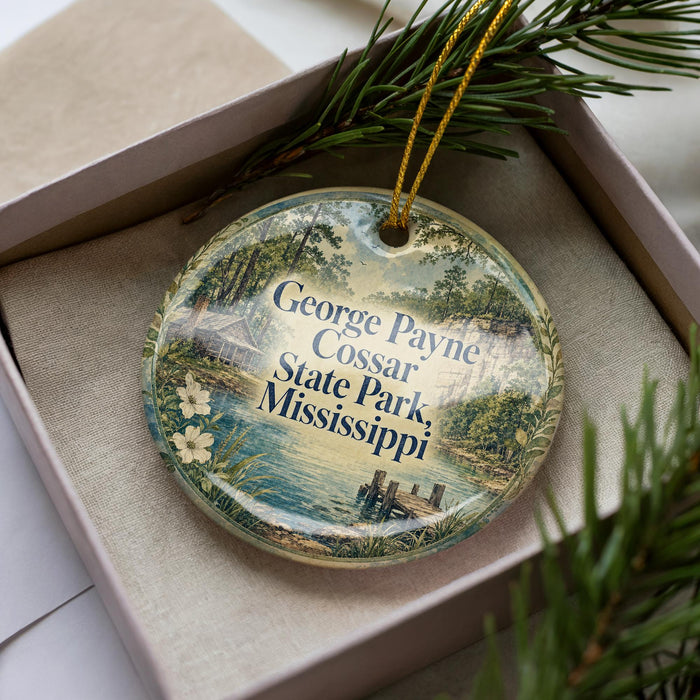 A decorative ornament in a box, featuring a scenic image of George Payne Cossar State Park in Mississippi.
