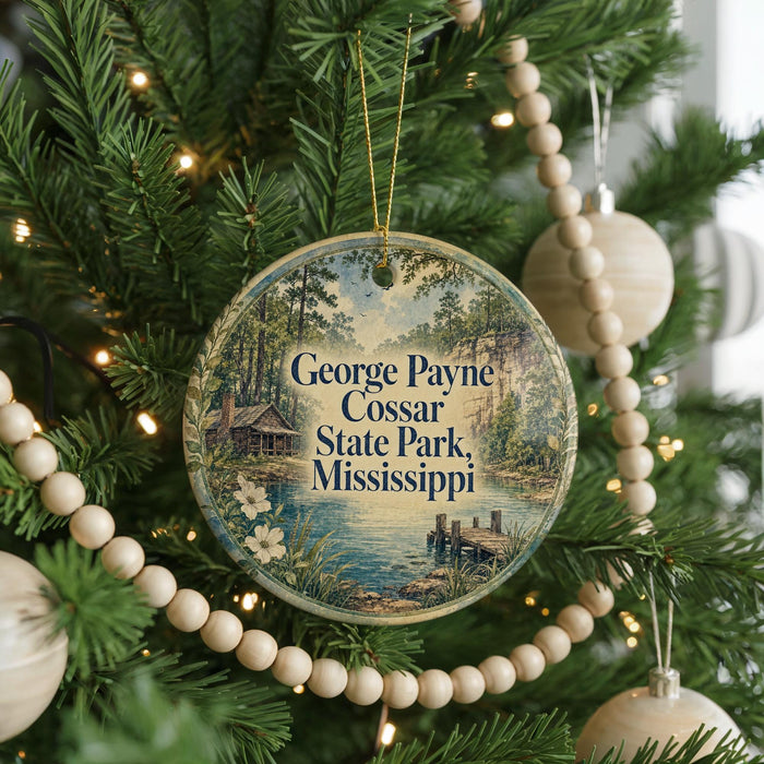 A round ornament hanging on a Christmas tree, featuring a scenic image of George Payne Cossar State Park in Mississippi.