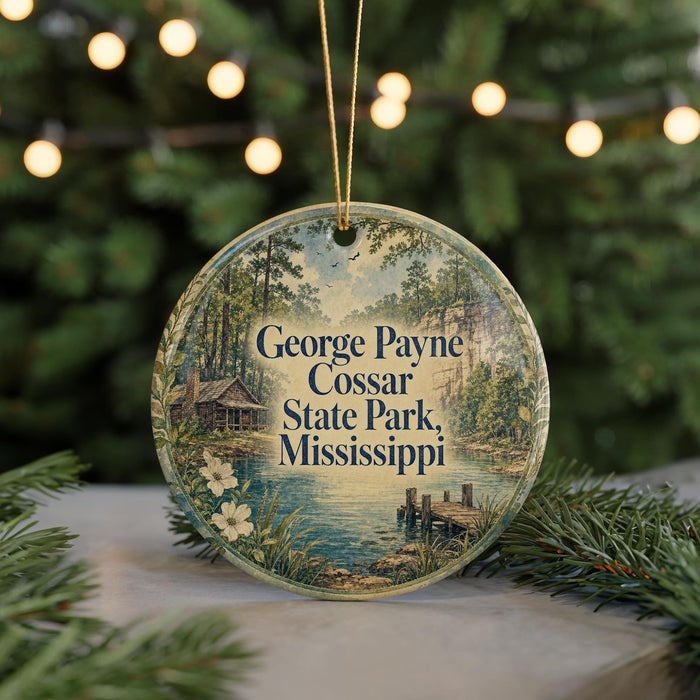 A round ornament with a scenic image of George Payne Cossar State Park, Mississippi, hanging from a string.