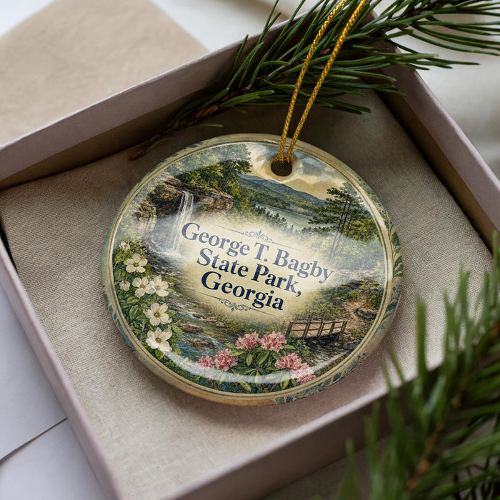 A decorative ornament in a box, featuring a scenic landscape with a waterfall and flowers.