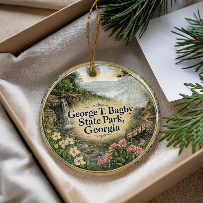 A decorative ornament with a scenic landscape of George T. Bagby State Park, Georgia, featuring a waterfall, pine trees, and flowers.