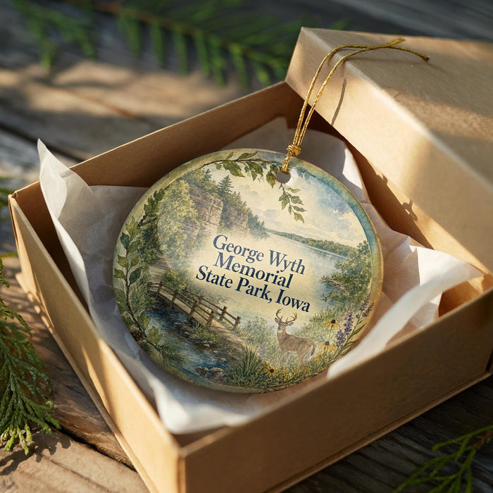 An ornament in a brown box, featuring a scenic landscape with a bridge, trees, and a deer.