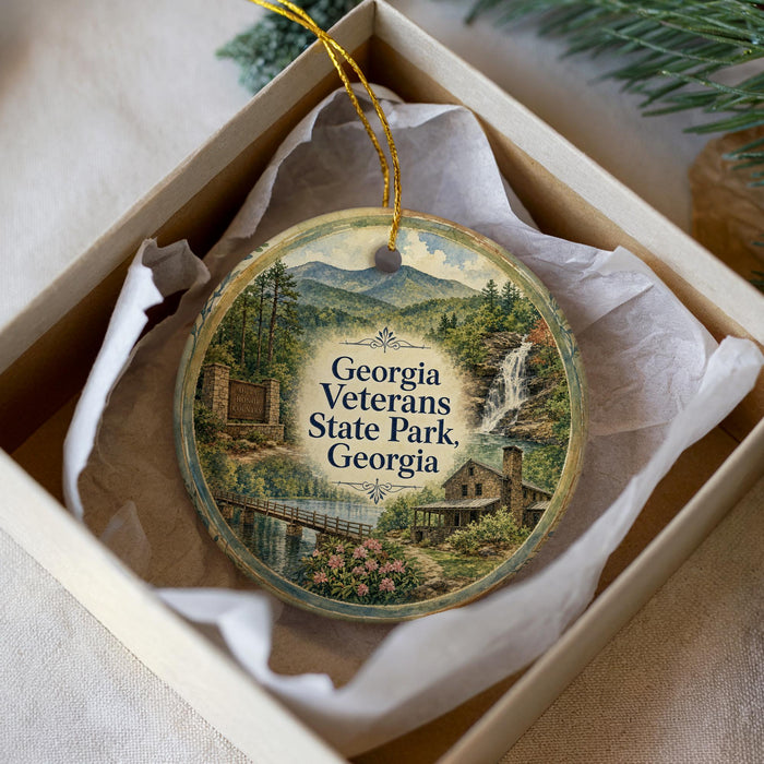 A decorative ornament in a box, featuring a scenic landscape with mountains, a waterfall, and a small building.