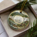 A decorative ornament in a box, featuring a scenic landscape with mountains, a waterfall, and a house, with the text "Georgia Veterans State Park Georgia" printed on it.