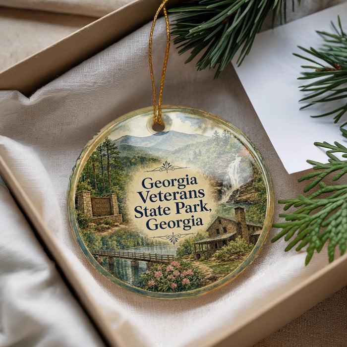 A decorative ornament with a scenic image of Georgia Veterans State Park, featuring a bridge, mountains, and pine trees.