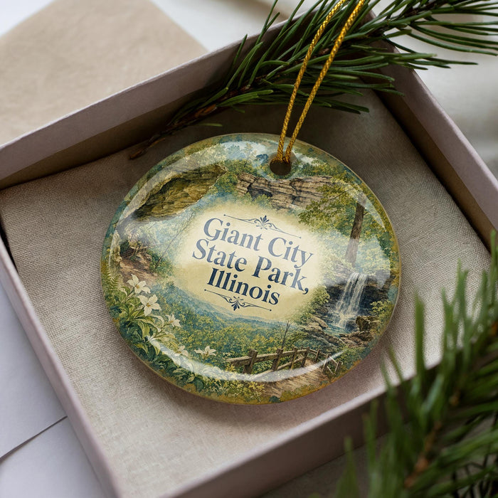 A decorative ornament in a box, featuring a scenic image of the Giant City State Park in Illinois.