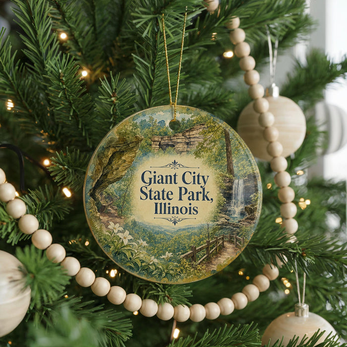 A round ornament hanging on a Christmas tree, featuring a scenic image of a waterfall and a path leading to the park.