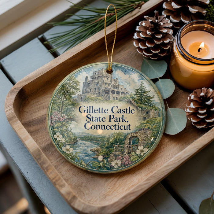 A decorative ornament featuring a castle and a river, with the text "Gillette Castle State Park, Connecticut" displayed on it. The ornament is placed on a wooden tray, surrounded by pine cones and a lit candle.