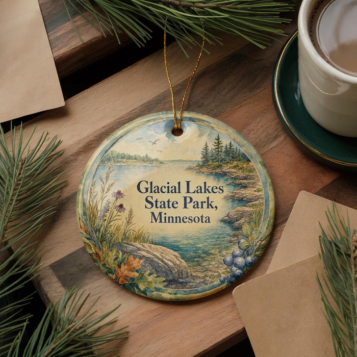 A decorative ornament with a scenic landscape of a lake surrounded by pine trees, featuring the text "Glacial Lakes State Park, Minnesota".