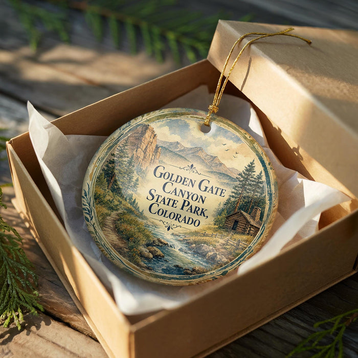 A round ornament in a wooden box, featuring a scenic landscape with mountains, trees, and a cabin, is displayed on a wooden surface.