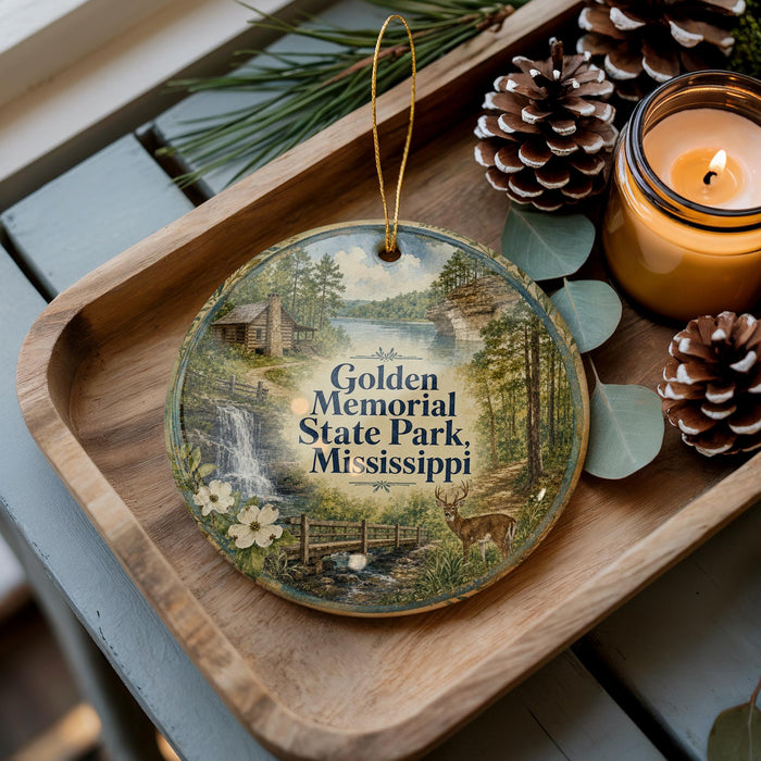A decorative ornament featuring a scenic landscape with a waterfall, forest, and deer, placed on a wooden tray alongside pine cones and a lit candle.