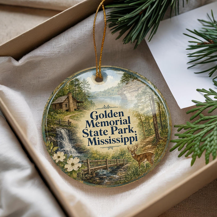 A decorative ornament with a scenic image of Golden Memorial State Park, Mississippi, featuring a cabin, waterfall, and deer.