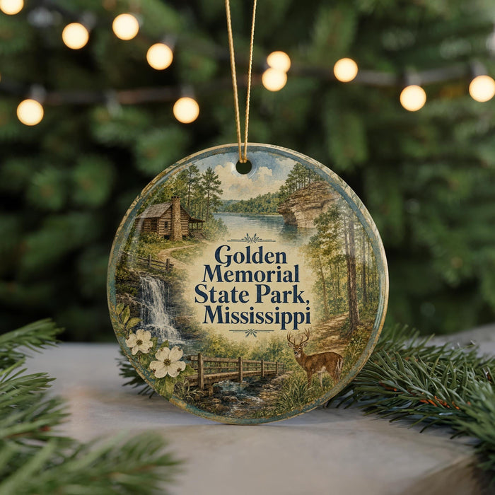 A round ornament with a scenic landscape featuring a waterfall, cabin, and deer, hanging from a string.