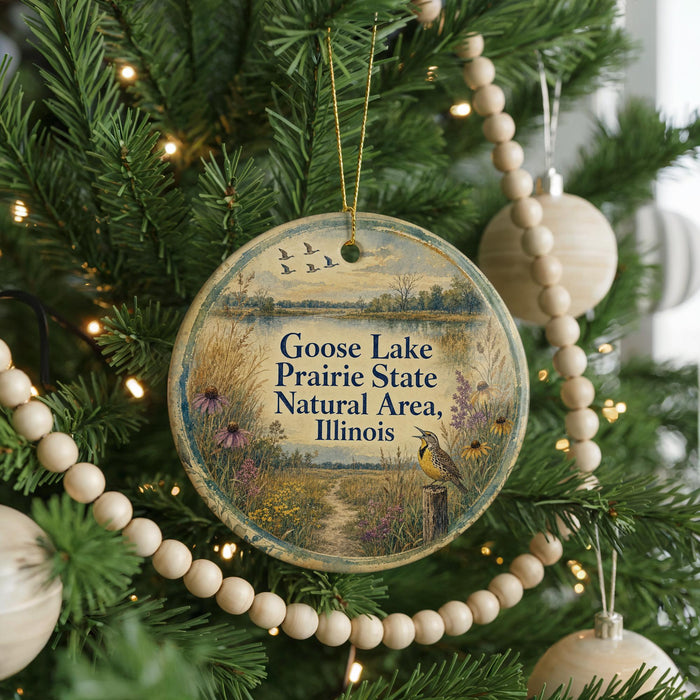 A round ornament hanging on a Christmas tree, featuring a scenic landscape with a bird in flight and text that reads "Goose Lake Prairie State Natural Area, Illinois".