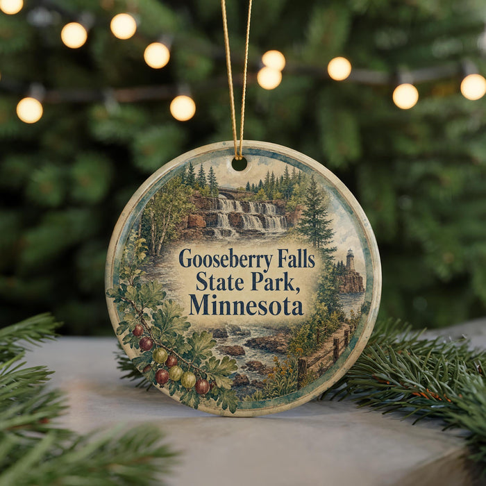 A circular ornament with a scenic image of Gooseberry Falls State Park, Minnesota, hanging from a string.