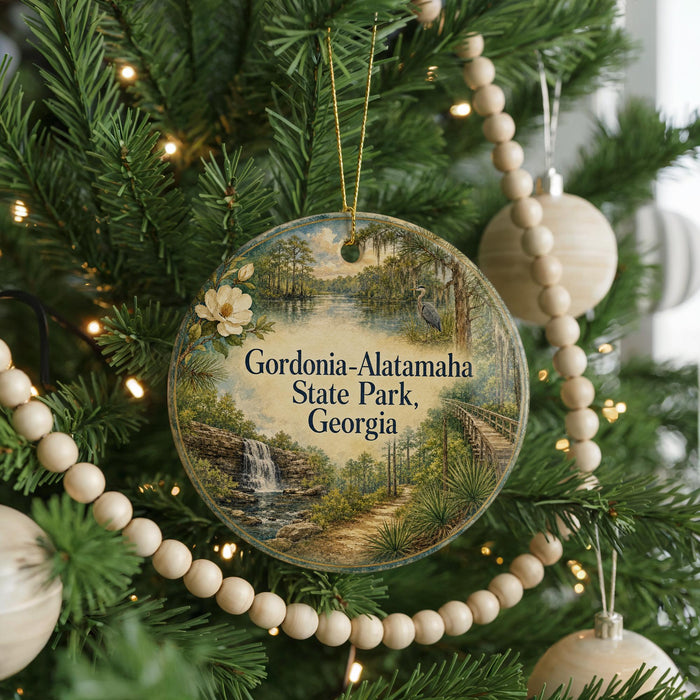 A round ornament hanging on a Christmas tree, featuring a scenic landscape with a waterfall and a path leading through the greenery.