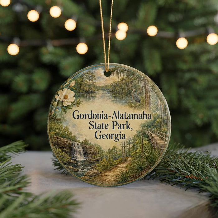 A round ornament with a painting of a forest and a waterfall, featuring the text "Gordonia-Alatamaha State Park, Georgia".