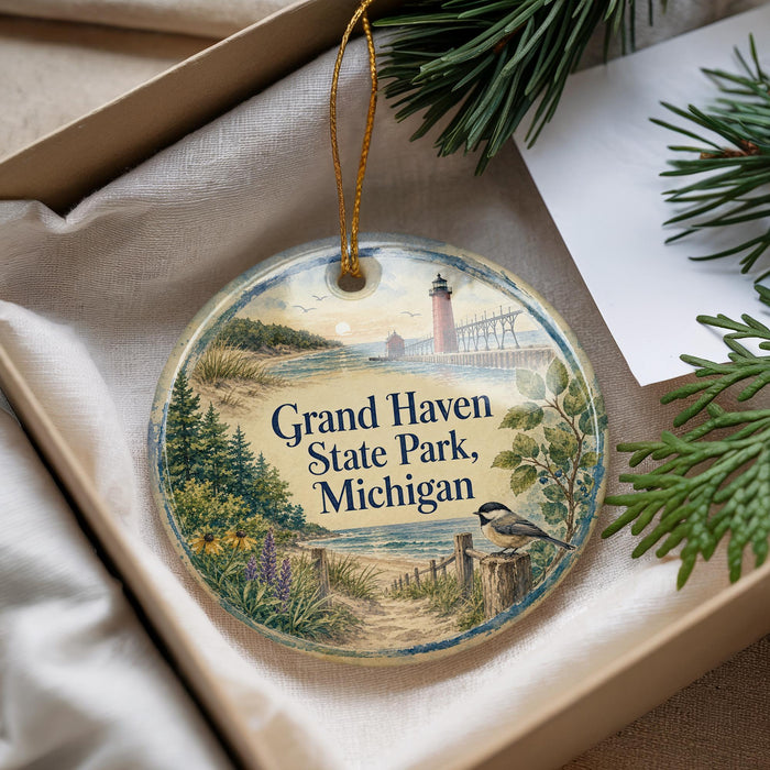 A decorative ornament with a lighthouse and a bird, featuring the text "Grand Haven State Park, Michigan" on a circular background.