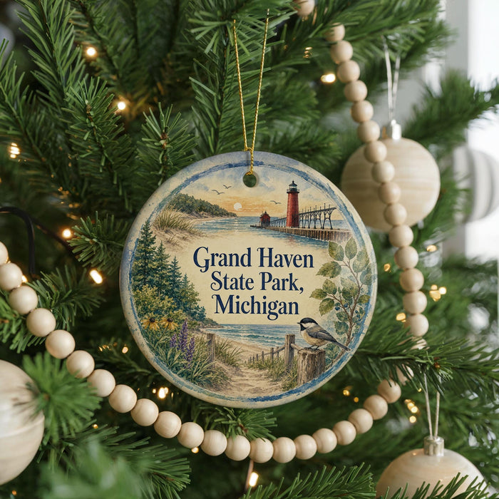 A round ornament hanging on a Christmas tree, featuring a scenic image of Grand Haven State Park, Michigan.
