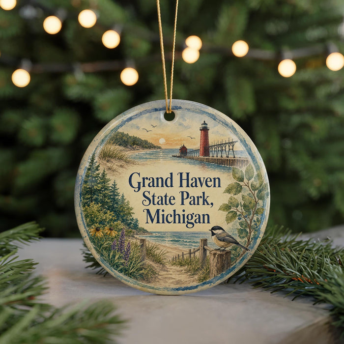 A decorative ornament featuring a lighthouse and a scenic landscape, with the text "Grand Haven State Park, Michigan" displayed prominently.