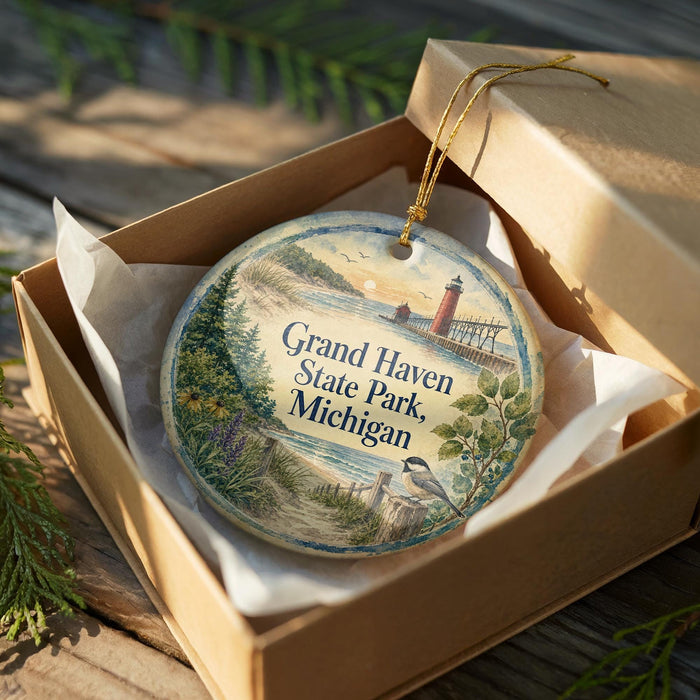 A decorative ornament in a box, featuring a scenic image of Grand Haven State Park in Michigan.