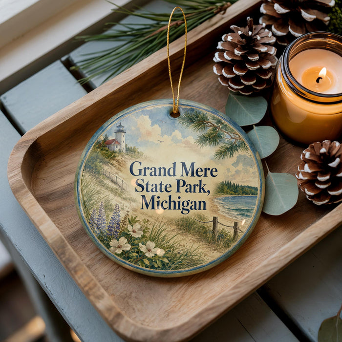 A decorative ornament with a lighthouse and a scenic landscape, placed on a wooden tray alongside pine cones and a lit candle.