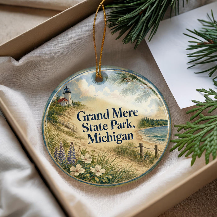 A decorative ornament with a lighthouse and a scenic landscape, featuring the text "Grand Mere State Park, Michigan" on it.