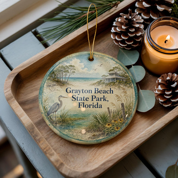 A decorative ornament with a serene beach scene and the text "Grayson Beach State Park, Florida" is displayed on a wooden tray, accompanied by pine cones and a lit candle.