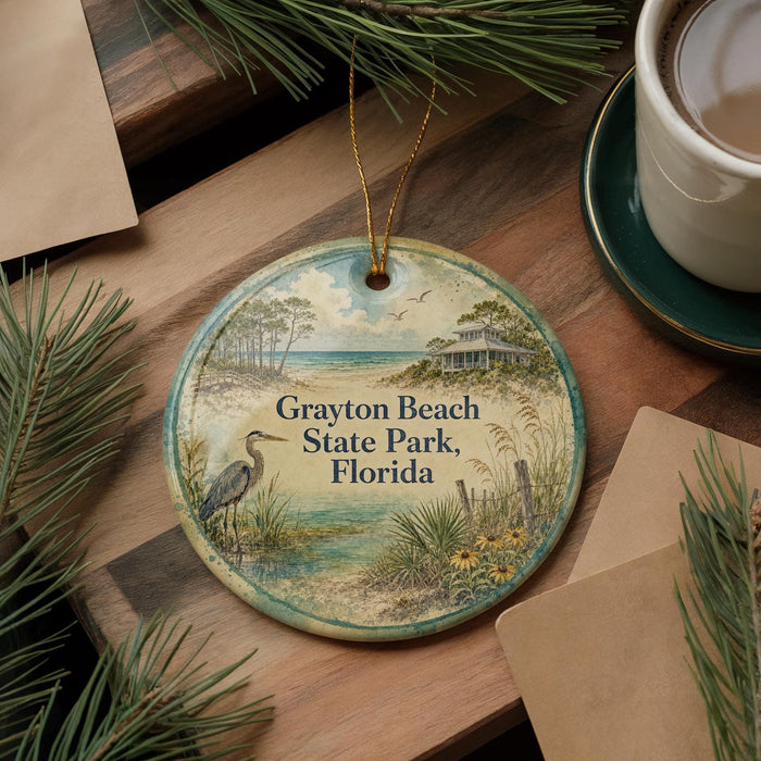 A circular ornament with a beach scene and a bird is displayed on a wooden surface, accompanied by a cup of coffee and some pine branches.