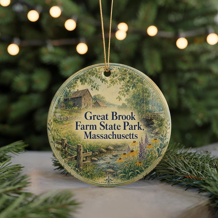 A round ornament with a painting of a farm scene hangs in front of a Christmas tree with lights.