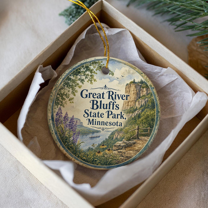 A decorative ornament in a box, featuring a scenic landscape with a river, mountains, and greenery.