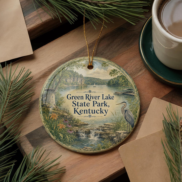 A circular ornament with a scenic image of Green River Lake State Park, Kentucky, hangs on a wooden surface.