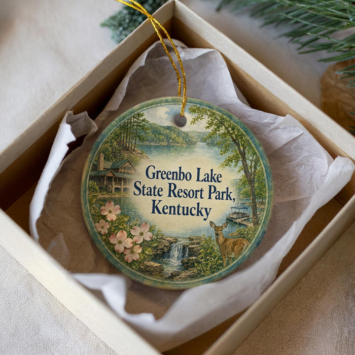 A decorative ornament in a white box, featuring a scenic image of Greenbo Lake State Resort Park, Kentucky.