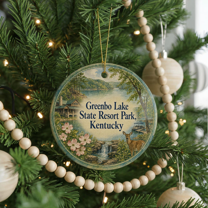 A round ornament hanging on a Christmas tree, featuring a scenic image of a lake and a deer.