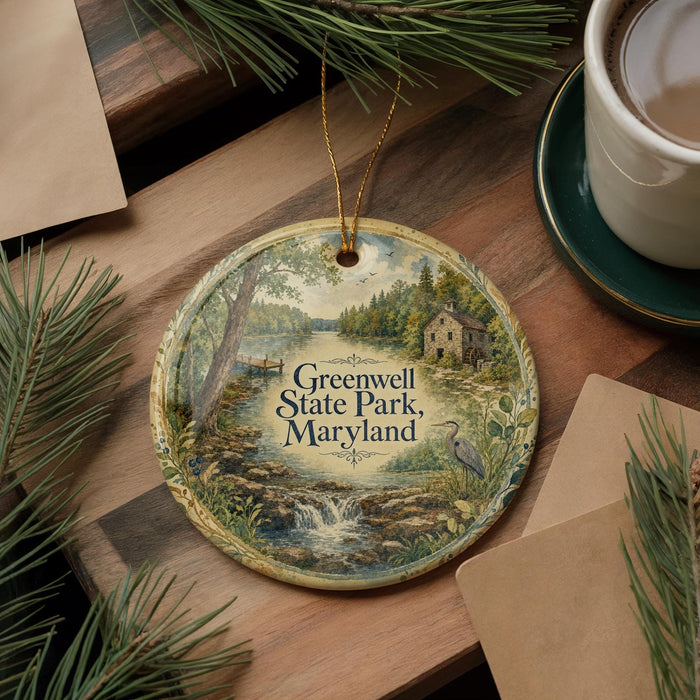 A decorative ornament featuring a scenic landscape of Greenwell State Park, Maryland, with a bird and a waterfall. The ornament is placed on a wooden surface, surrounded by pine branches and a cup of coffee.