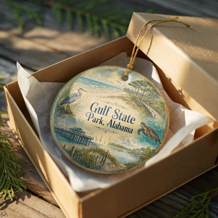A circular ornament in a box, featuring a beach scene with a bird, a turtle, and a pier.