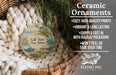 a ceramic ornament hanging from a wicker basket, with a description of the ornament and its features.