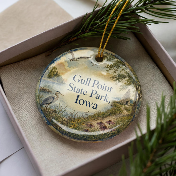 A decorative ornament in a box, featuring a scenic landscape with a bird, trees, and a body of water.