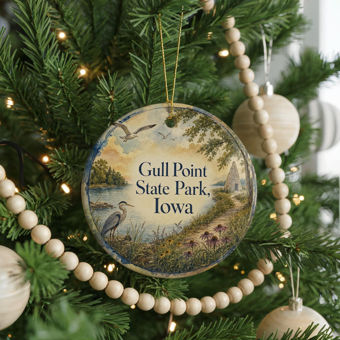 A round ornament hanging on a Christmas tree, featuring a scenic image of a lake and surrounding landscape, with the text "Gull Point State Park, Iowa" displayed prominently.