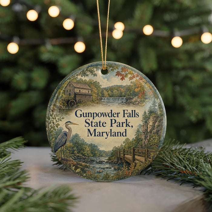 A round ornament with a scenic image of Gunpowder Falls State Park, Maryland, featuring a bird, a waterfall, and a bridge.