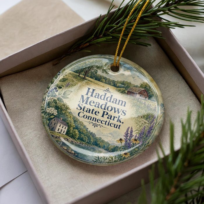 A decorative ornament in a box, featuring a scenic landscape with a house, trees, and flowers.