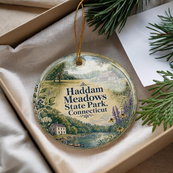 A decorative ornament with a scenic landscape of Haddam Meadows State Park, Connecticut, featuring a house, trees, and a river.