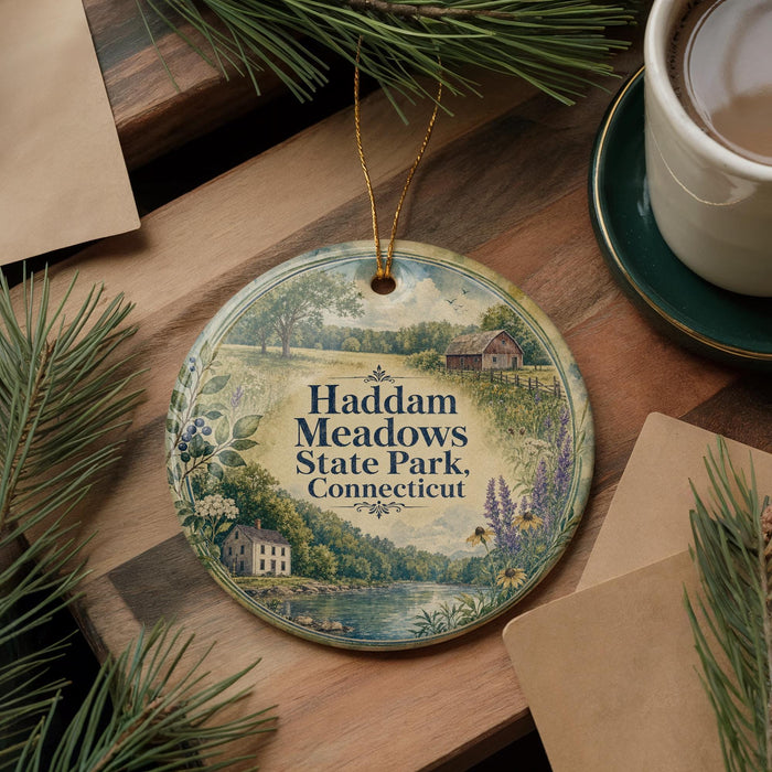A round ornament with a scenic landscape of Haddam Meadows State Park, Connecticut, featuring a house, trees, and a lake.