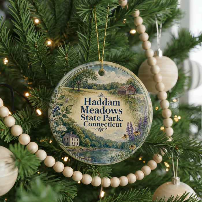 A round ornament hanging on a Christmas tree, featuring a scenic landscape with a house, trees, and a river.