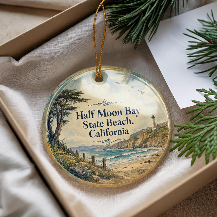 A decorative ornament with a scenic image of Half Moon Bay, California, featuring a lighthouse and a beach landscape.