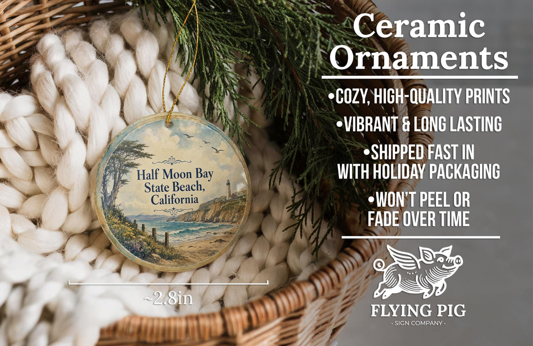 Ceramic ornaments, including a round ornament with a beach scene and a wicker basket with greenery.