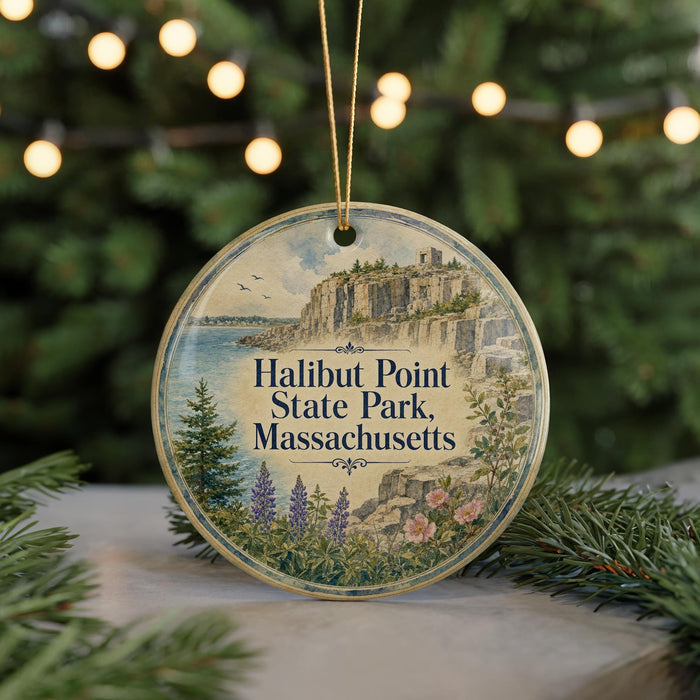 A circular ornament with a scenic illustration of Halibut Point State Park, Massachusetts, hanging from a string.